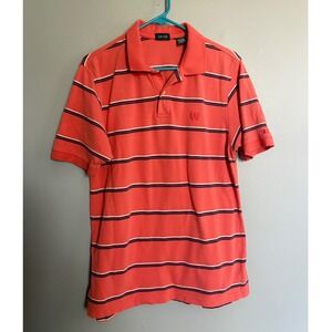 Y2K IZOD Mens Polo Shirt Coral Pink Navy Blue Stripe Short Sleeve Cotton Pique M